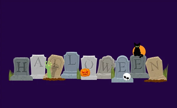 Halloween. Tombe et main de zombie. Chat et crâne noirs. Siniste — Image vectorielle