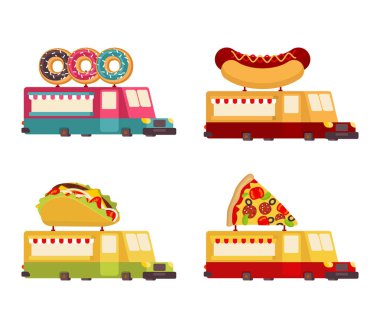 Araba gıda kamyon ayarla. Fast food araba koleksiyonu. Taco ve sosisli sandviç. 
