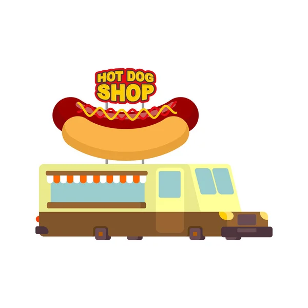 Hot dog αυτοκίνητο φορτηγό τροφίμων. Αυτοκίνητο fast food. Εικονογράφηση διάνυσμα — Διανυσματικό Αρχείο