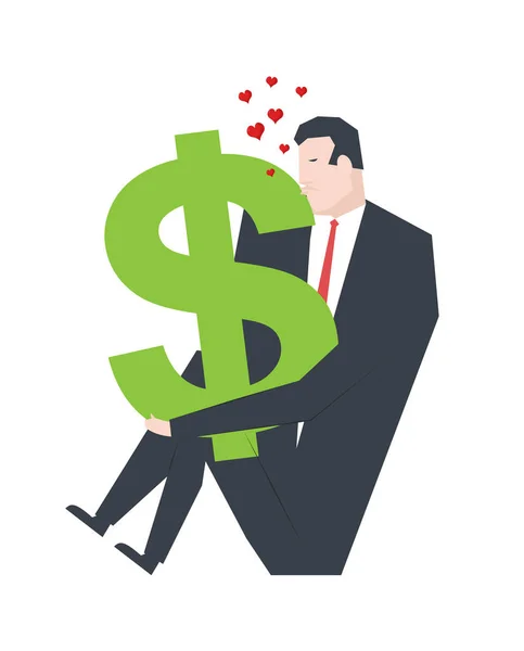 Geschäftsmann küsst Dollar. Liebe Geld Profit. Vektor illustratio — Stockvektor