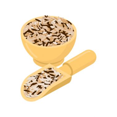 Yabani pirinç ahşap kase ve kaşık. Kabuğu çıkarılmış tane ahşap tabak ve shov