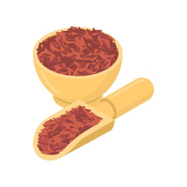 Ahşap kase ve kaşık kırmızı pirinç. Kabuğu çıkarılmış tane ahşap tabak ve itiş