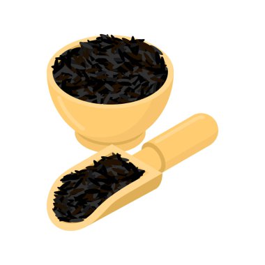 Ahşap kase pirinç siyah ve kaşık. Kabuğu çıkarılmış tane ahşap tabak ve sho