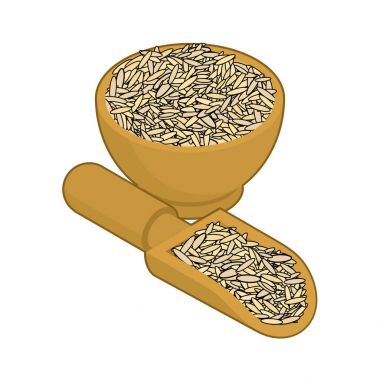 Parboiled rice in wooden bowl and spoon. Groats in wood dish and clipart