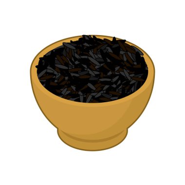 Siyah pirinç ahşap kase izole. Kabuğu çıkarılmış tane ahşap tabak içinde. Tahıl o