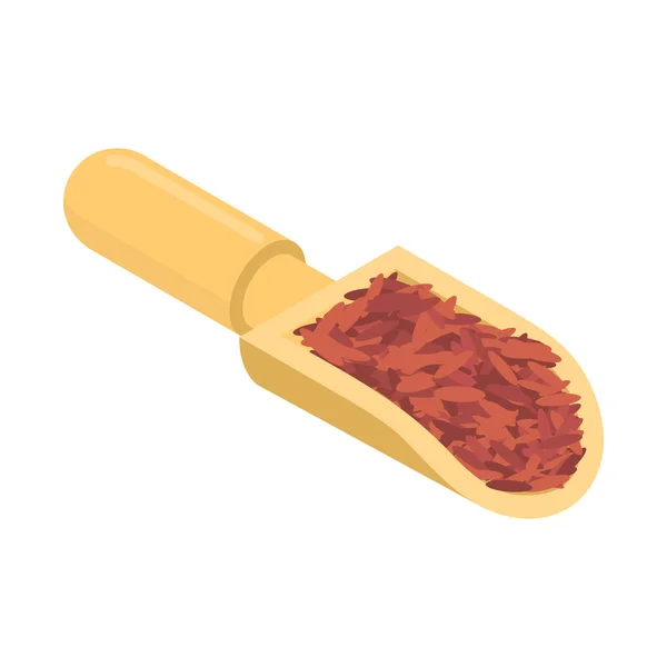 Ahşap Kepçe izole kırmızı pirinç. Kabuğu çıkarılmış tane tahta kürek içinde. Tahıl — Stok Vektör