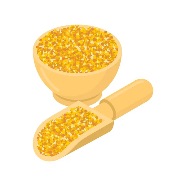 Sémola de maíz en tazón de madera y cuchara. Grañones en plato de madera y sho — Vector de stock