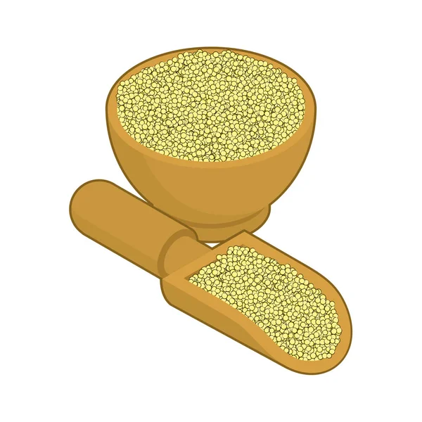 Kissen in Holzschale und Kochlöffel. Grütze in Holzschale und Schaufel. — Stockvektor