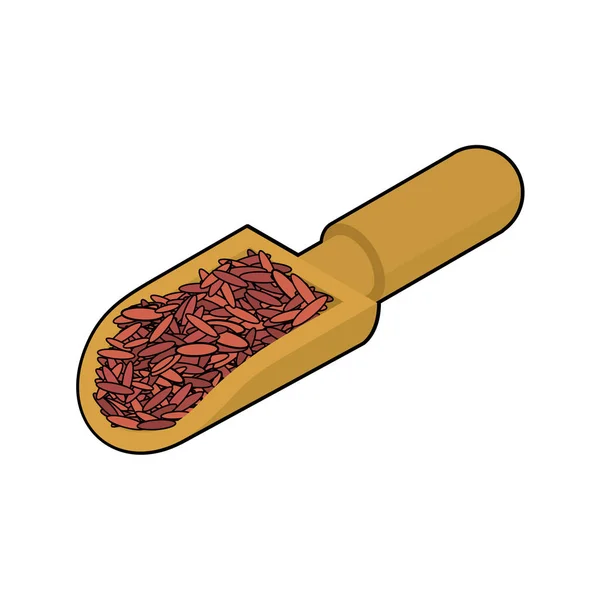 Rode rijst in houten lepel geïsoleerd. Gries in houten schop. Graan — Stockvector