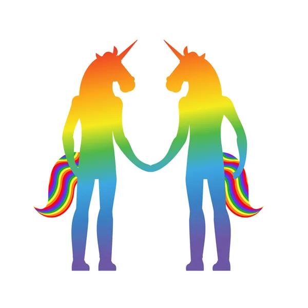 Gay love. unicorn hold hands. LGBT heart. Together forever. Vect — Stock Vector
