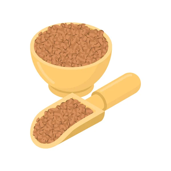 Buckwheat dalam mangkuk kayu dan sendok. Groats dalam piring kayu dan shov - Stok Vektor