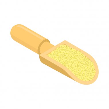 Cuscus ahşap Kepçe izole içinde. Kabuğu çıkarılmış tane tahta kürek içinde. Tahıl üzerinde