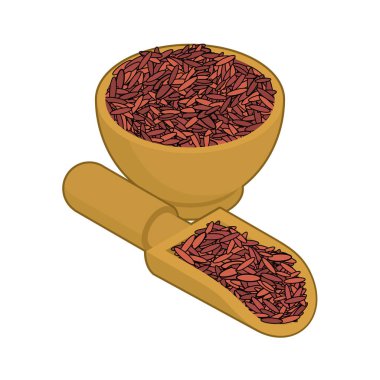 Ahşap kase ve kaşık kırmızı pirinç. Kabuğu çıkarılmış tane ahşap tabak ve itiş
