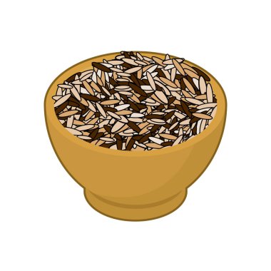 Yabani pirinç ahşap kase izole. Kabuğu çıkarılmış tane ahşap tabak içinde. Tahıl üzerinde