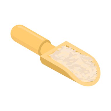 Ahşap Kepçe izole kahverengi pirinç. Kabuğu çıkarılmış tane tahta kürek içinde. Grai