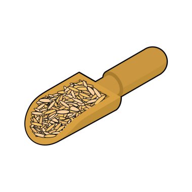 Yulaf ahşap Kepçe izole içinde. Kabuğu çıkarılmış tane tahta kürek içinde. Tahıl wh üzerinde