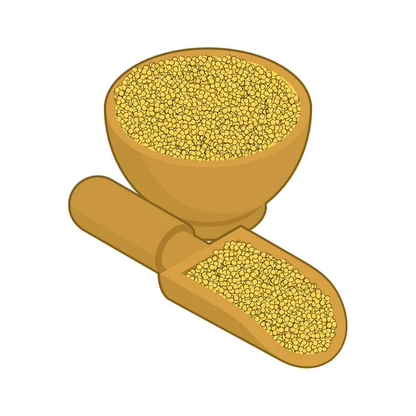 Millet dans un bol et une cuillère en bois. Gruaux dans un plat en bois et une pelle . — Image vectorielle