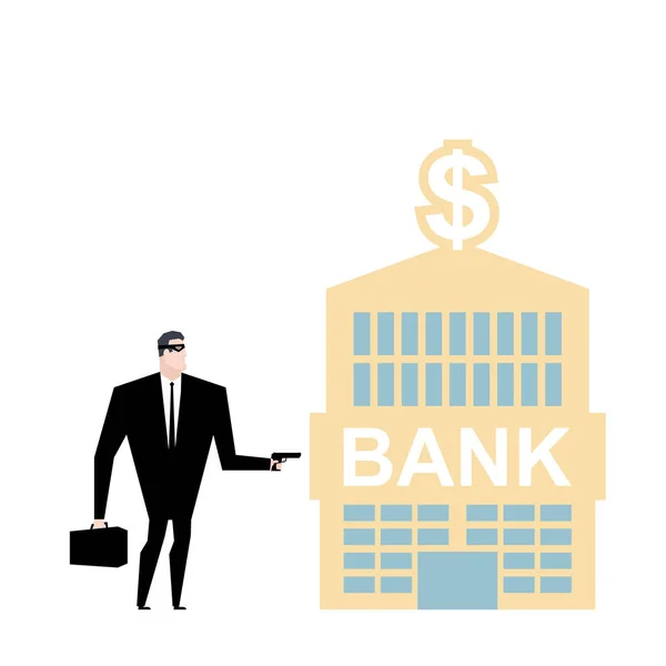 Bank robbery. Robber and bank building. Pistol and mask of mugge — Stock Vector