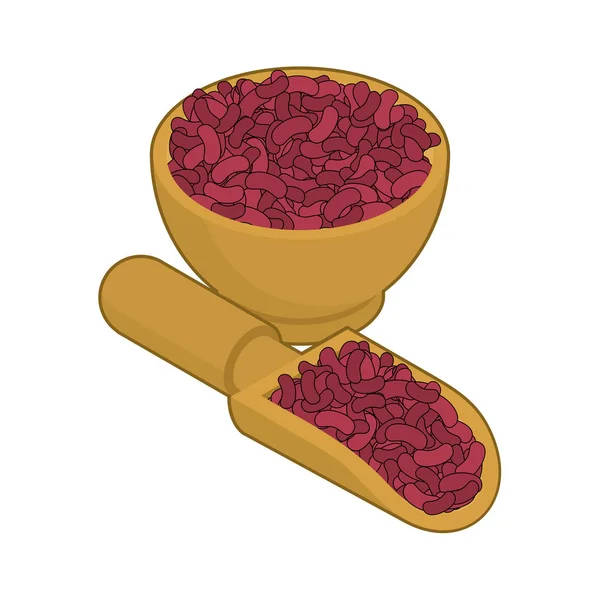 Frijoles rojos en cuenco de madera y cuchara. Grañones en plato de madera y shov — Vector de stock