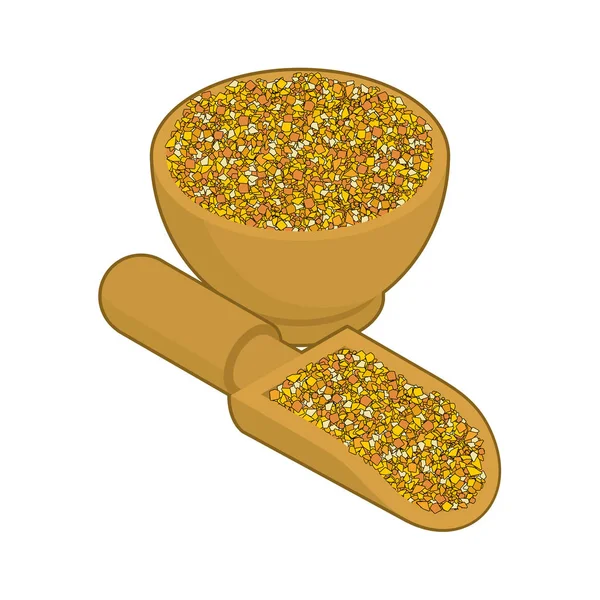 Кукурудзяна крупа у дерев'яній мисці та ложці. Крупа в дерев'яній тарілці та шоці — стоковий вектор