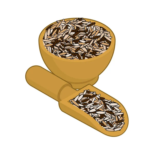 Arroz silvestre en cuenco de madera y cuchara. Grañones en plato de madera y shov — Vector de stock