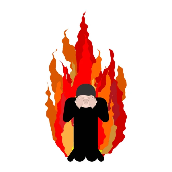 Pecador en llamas. Dios mío. Cubre la cara con las manos. Desesperación y sufrimiento — Archivo Imágenes Vectoriales