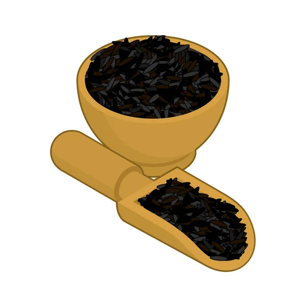 Riz noir dans un bol et une cuillère en bois. Gruaux en bois plat et sho — Image vectorielle