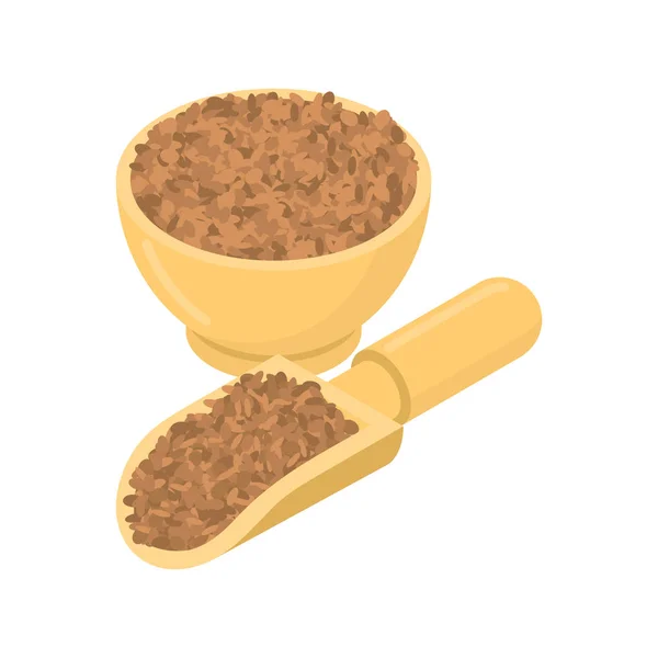 Φακές σε ξύλινο μπολ και κουτάλι. Άλφιτα (Κόκκοι) σε ξύλινο πιάτο και φτυάρι — Διανυσματικό Αρχείο