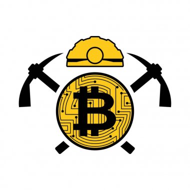 Araştırma bitcoin logo. Meiner amblemi. Kask ve kazma ve madeni para 