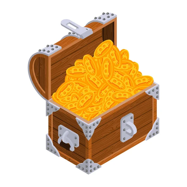 Bitcoin pecho. Los tesoros son criptomoneda. Caja de madera vieja Virtu — Vector de stock