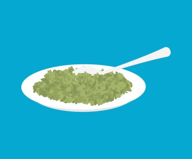 Yeşil mercimek püresi tabak ve kaşık izole. Sağlıklı gıda 