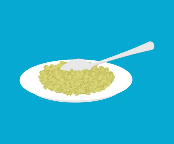 绿色荞麦粥在盘子和勺子中分离。健康的佛 — 图库矢量图片