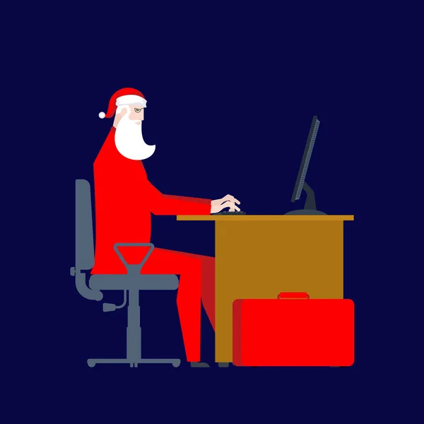 Санта-Клаус на роботі за комп'ютером. Різдво роботи. Бізнесмен Сан — стоковий вектор