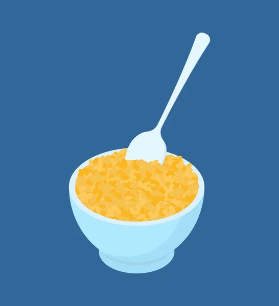 Cuenco de gachas de bulgur y cuchara aislada. Alimentos saludables para la fibra — Vector de stock