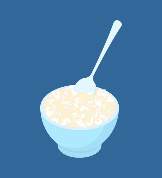 Tál rizs zabkása és a kanál elszigetelt. Egészséges élelmiszerek — Stock Vector