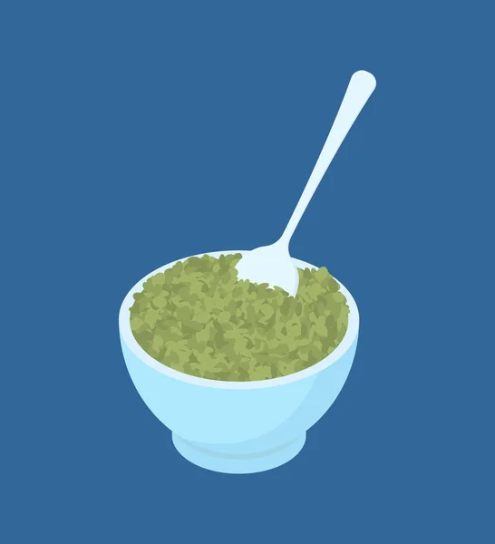 Ciotola di lenticchia verde Porridge e cucchiaio isolato. Cibo sano f — Vettoriale Stock