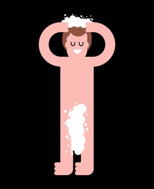 Köpük adam saçını yıkar. Adam izole yıkama. Vektör illust