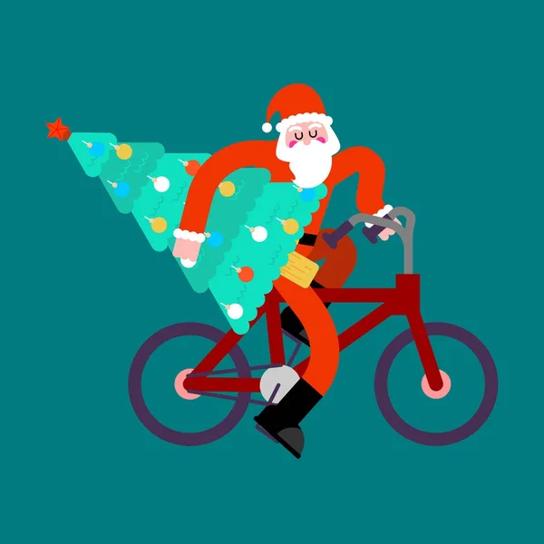 Santa Claus en bicicleta y árbol de Navidad. Feliz Año Nuevo vector — Vector de stock