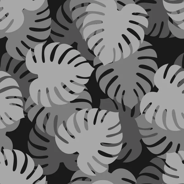 Patrón sin costura gris Monstera. Hojas tropicales de fondo. Palmera — Vector de stock