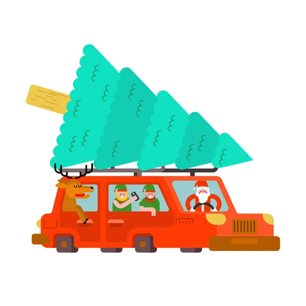 Père Noël et cerfs et elfes en voiture. Porter arbre de Noël et gi — Image vectorielle