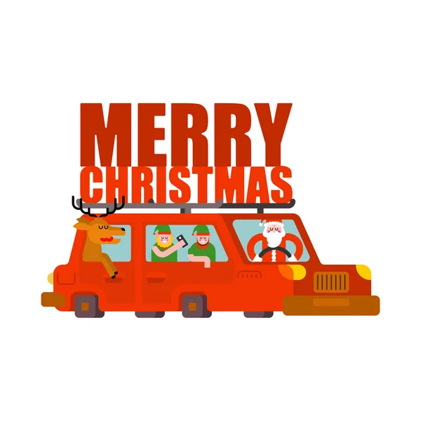 Santa Claus and deer and elf in car. Merry Christmas. Happy New — Stock Vector