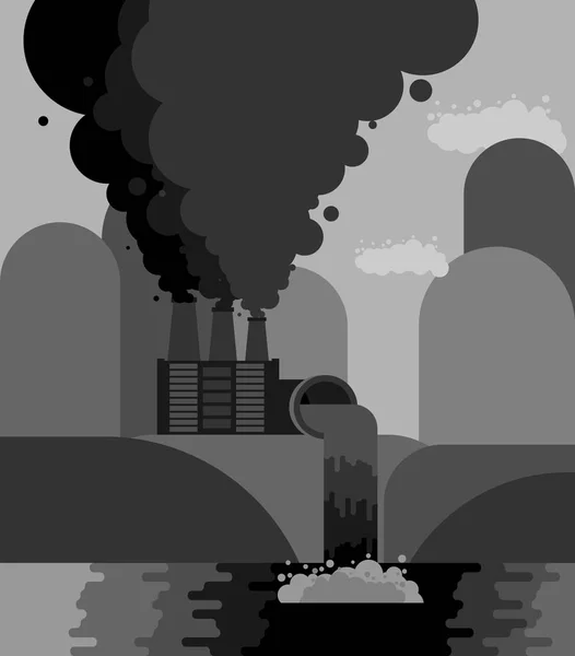 Paisaje industrial. Emisiones de las plantas en el río. Medio ambiente — Vector de stock