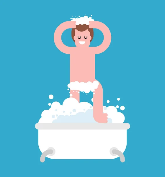 Mann in Badewanne isoliert. Männerwäsche. Bad und Schaum. Vektorunlust — Stockvektor