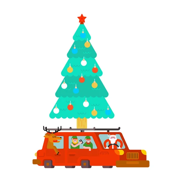 Santa Claus and deer and elf in car. Carry Christmas tree and gi — Stock Vector