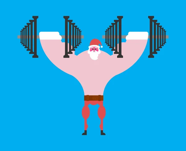 Strong Santa Claus and dumbbells. Christmas fitness. Dumbbell pr — Stock Vector