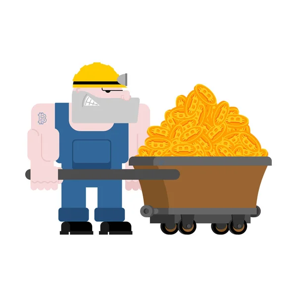 Miner and trolley of bitcoins. Mining Extraction of crypto curre — Stock Vector