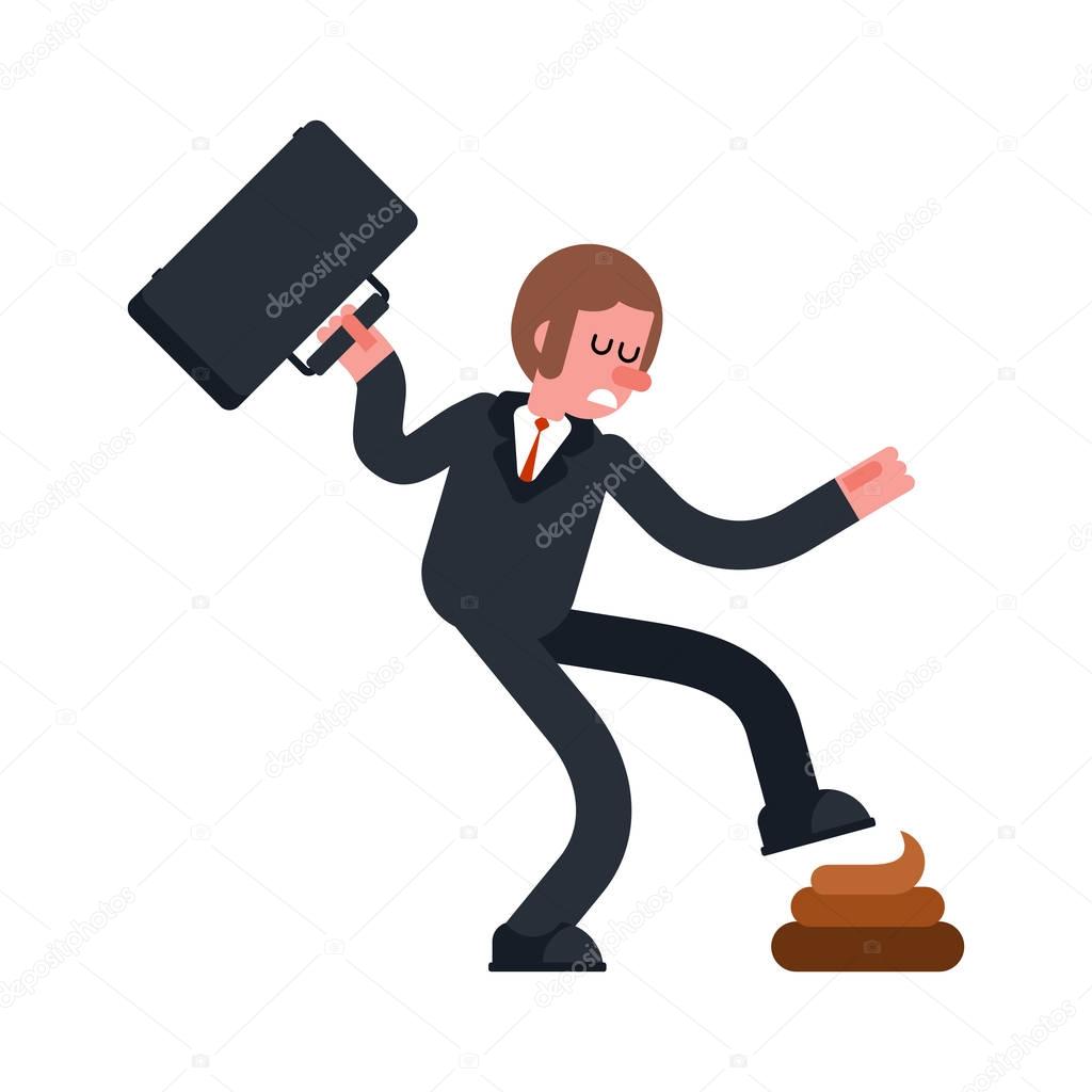 Step into shit. Businessman goes and turd. Bad day. Vector illus