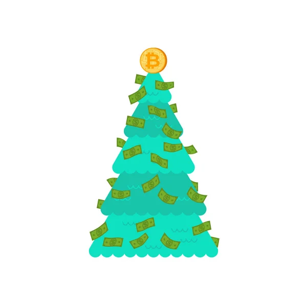 Árbol de Navidad financiero. Bitcoin y decoración de dólares. Símbolo — Vector de stock