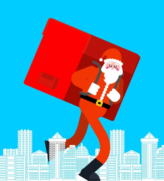 Santa Claus en la ciudad. Muchos regalos gran bolsa roja. Navidad y Nueva Y — Vector de stock