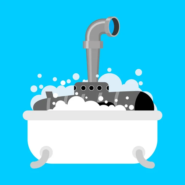 U-Boot in Badewanne. Periskop aus Schaum im Badezimmer. Vektor illustr — Stockvektor